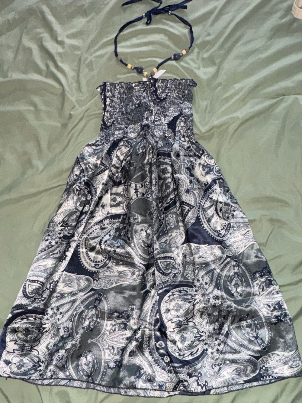 Strapless Paisley Print Sundress in Navy and White
